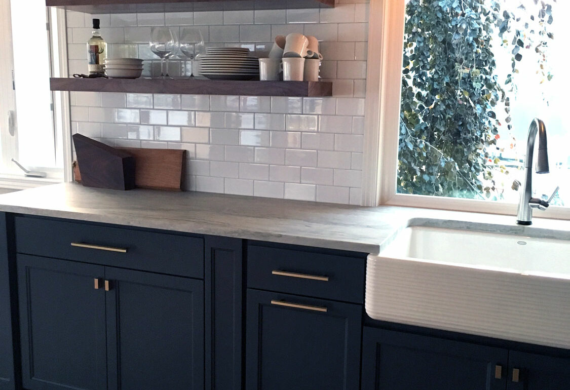 Yardly kitchen remodel with farm sink and open concept shelving