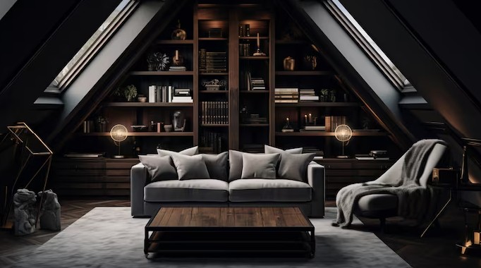 A dark, and heavy designed home interior. Top of an A-frame house used as a library, office, man cave room, with comfortable seating and functional, masculine design elements.