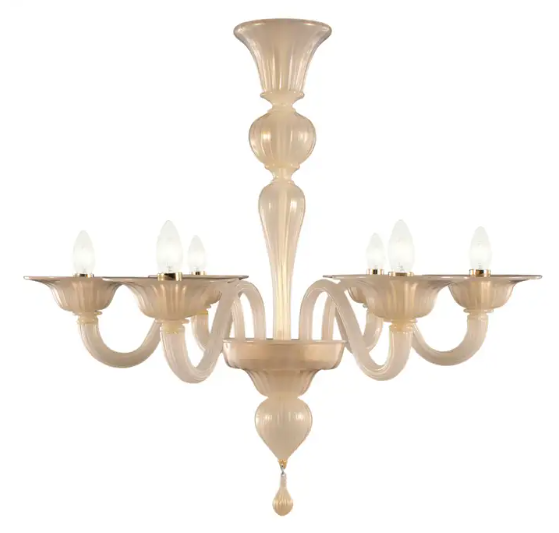 A beautiful and unique chandelier that is made out of glass in the Victorian style with candelabra-style light bulbs. 
